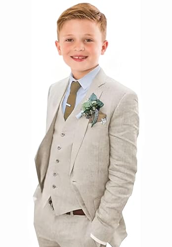 Baby Boy Linen Suits Slim Fit 3 Piece Formal Beige Suit for Toddler Boys Wedding Ring Bearer Outfit Kids Tuxedo Dresswear Set Size 3t