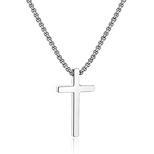 M MOOHAM Stainless Steel Cross Pendant Necklaces for Men Pendant Chain 24 Inch Silver, Fathers Day Christian Religious Baptism Gifts Jewelry for Teenage