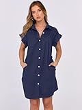 ANRABESS Womens Summer Button Down Shirt Dress Ruffle Short Sleeve Mini Dresses Loose Fit Beach Casual Sundress with Pockets Navy Blue Large