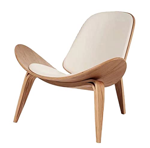ZEFISON Hans Wegner Style Three- Legged Shell Chair Ash Plywood White Faux Leather Accent Chair Living Room Furniture Mid-Century Modern Shell Chair (Wood Color-White)