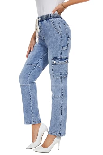 SESERAGI Jeans for Women Trendy Stretch Elastic Waist Drawstring 6 Pocket Flap Denim Cargo Pants Push Jeans Women Light Blue S