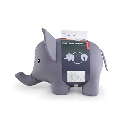 Kikkerland Zip and Flip Elephant Travel Comfortable & Breathable Soft Neck Pillow, Grey, for Sleeping, Flight Head Rest, Easy to Carry, Neck Support