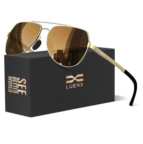 LUENX Men Women Aviator Sunglasses Polarized Shades Flexible Spring Hinge - Brown Lens Gold Metal Frame Large 60mm