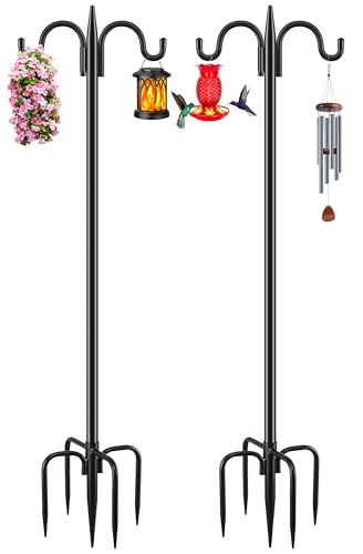 Gtongoko Double Shepherds Hook for Outdoor, 2 Pack 92 Inch Heavy Duty Bird Feeder Pole 3/4 Inch Thick Garden Hooks for Hanging Hummingbird Feeder, Plant Baskets, Solar Light Lanterns