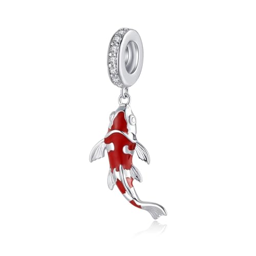 Qings Koi Carp Lucky Red Fish Charm Bead 925 Sterling Silver for Bracelet Necklace Making Jewelry DIY Enamel Inlaid CZ for Women