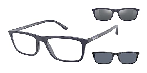 Emporio Armani Men's EA4160 Prescription Eyewear Frames with Two Interchangeable Sun Clip-Ons Rectangular, Matte Blue/Clear/Dark Blue/Grey Mirrored, 55 mm