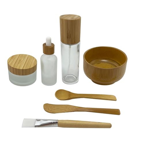 BEECO GIF2U Face Mask Mixing Bowl Set Bamboo,7 Pcs DIY Facemask Mixing Tool Kit with Facial Mask Bowl,Spatula,Spoon,Brush,Empty Refilable Lotion Pump Bottle,Cream Jar and Dropper Bottle for Skincare