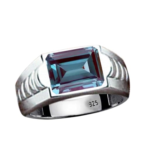 Gems Vibes 925 Sterling Silver Emerald Cut Alexandrite Ring For Men's Signet Statement Ring Color Chang Alexandrite Ring Best Gift For Him June Birthstone Ring (Silver) Size 9