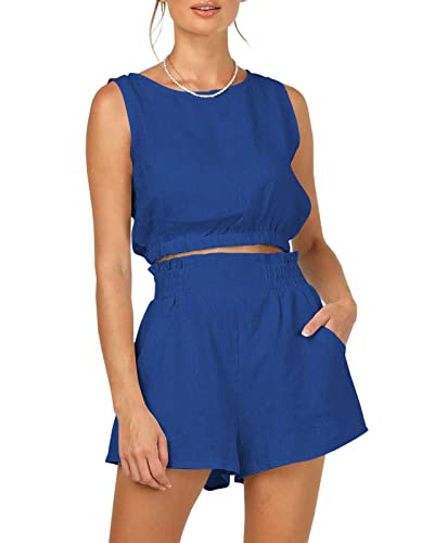 Trendy Queen Womens Summer 2 Piece Outfits Short Sets Matching Sleeveless Tank Top High Waisted Shorts with Pockets Blue S