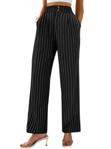 AUXDIO Womens Straight Leg Pants Casual High Waisted Stretchy Double Buttoned Trousers Work Business Dress Pant Black Stripe Small