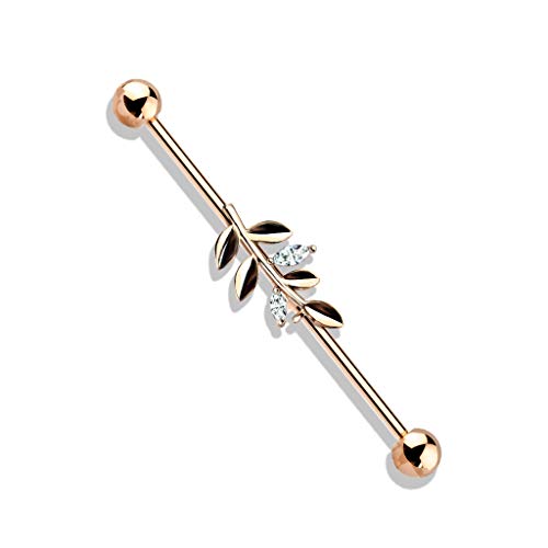 Pierced Owl CZ Crystal Leaf Stainless Steel Industrial Barbell (Rose Gold Tone)