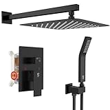SR SUN RISE 12 Inches Matte Black Shower System 12 Inch Brass Bathroom Luxury Rain Mixer Shower Combo Set Wall Mounted Rainfall Shower Head System Shower Faucet Rough-in Valve Body and Trim Included