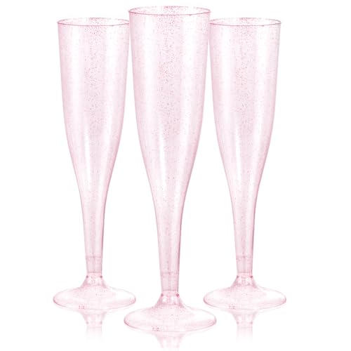 WDF 36 Pack Pink Glitter Plastic Champagne Flutes - 7OZ Pink Champagne Flutes Plastic, Champagne Glasses Glitter Pink Champagne Flutes, Plastic Flutes Champagne Disposable for Party & Wedding