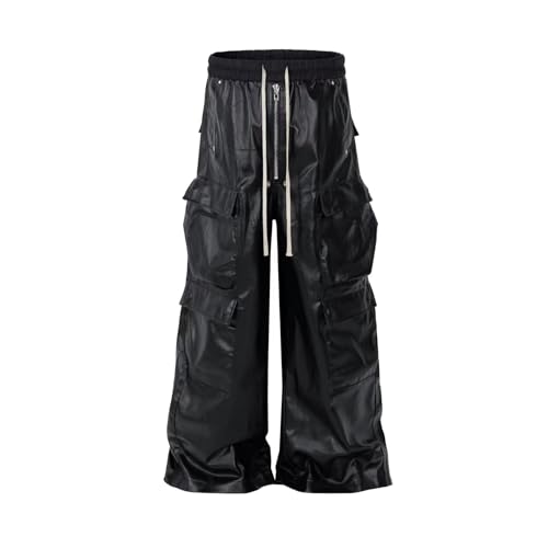 JKUIVE Mens Wide Leg Matte Pu Leather Pants Straight Casual Baggy Pockets Drawstring Trousers Black