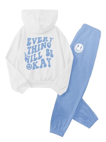 SOLY HUX Girl's Sweatsuit 2 Piece Outfits Casual Graphic Long Sleeve Hoodies Sweatshirts and Sweatpants Set Fall Clothes Blue and White 11 Years
