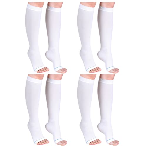 Sintege 4 Pairs Open Toe Anti Embolism Compression Stockings 15-20mmHg TED Hose Compression Socks 18mmHg Toeless Knee Socks for Women Men Swelling(L/xl)