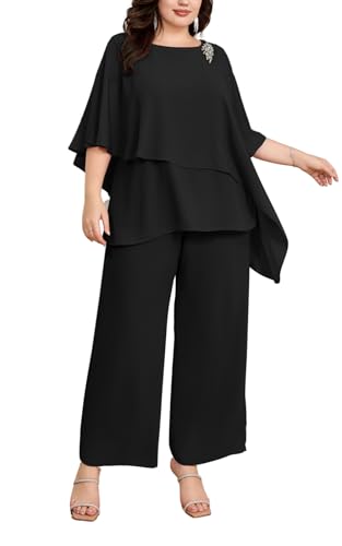 Hanna Nikole Womens 2 Piece Outfits Dressy Pant Suits for a Wedding Casual Irregular Chiffon Wide Leg Pant Sets Black 14 Plus