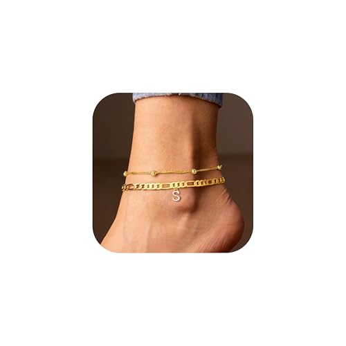 Ursteel Ankle Bracelets for Women, S Initial Anklet 14K Gold Plated Dainty Adjustable Layered Initial Anklets Set Beaded Chain with Letter S Anklets with Initials for Women Jewelry Gifts