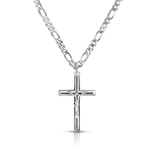 Verona Jewelers Men and Women 24" Stainless Steel 3.8MM Figaro Chain Necklace Crucifix Cross Pendant (Silver Color) (silver)