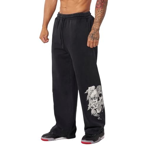 BOOMLEMON Mens Graphic Print Joggers Baggy Casual Workout Pants Bandana Punk Streetwear Sweatpants with Pockets(The Dawn Black L)