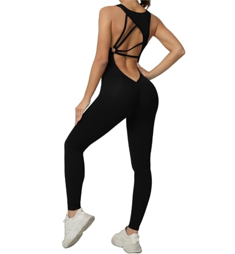 Qszmjo One-piece V Neck Workout Jumpsuit for Women Backless Yoga Catsuit Bodysuit Athletic Fitness High Waist Butt Lift Cutout Sport Rompers S