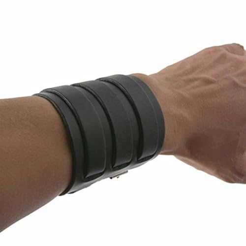 HZMAN Black Leather Wide Triple Strap Cuff Wrap Gauntlet Wristband Buckle Fastening Arm Armor Cuff (Black)