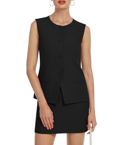 Casly Lamiit Two Piece Blazer Sets for Women Short Skort Suit Set Sleeveless Vest Dressy Summer Crew Neck Business Casual Outfits Black XL