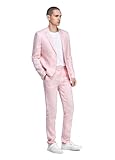 1PA1 Men's 2 Piece 100% Linen Slim Fit Suit Two Buttons Suit Jacket Blazer & Suit Pants Set Solid Business Suits (31008 Pink L)