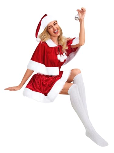 JMwapar Santa Claus Costume for Women 3PCS Adult Christmas Mrs Santa Clause Off Shoulder Dress Plus Size with Cloak Cape