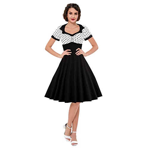 KILLREAL Women's Vintage Style 1950's Retro Short Sleeve Polka Dot Printed Swing Cocktail Dress Black Large