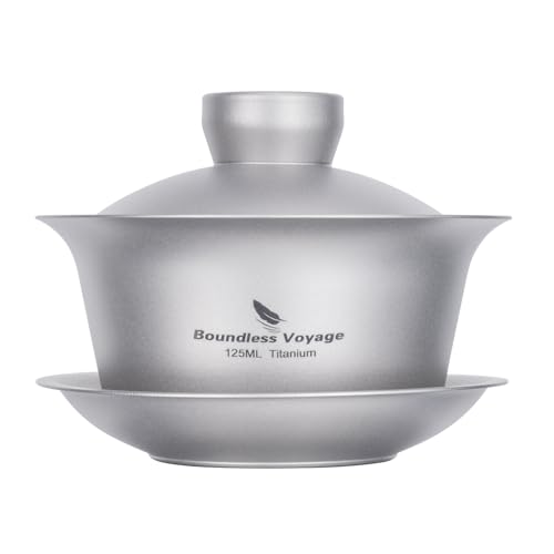 iBasingo 125ml Titanium Gaiwan Kung Fu Teacup with Lid and Saucer Set Lightweight Portable Chinese Traditional Gaiwan Tea Bowl Teacup with Cover Outdoor Camping Tea Set Ti3142D