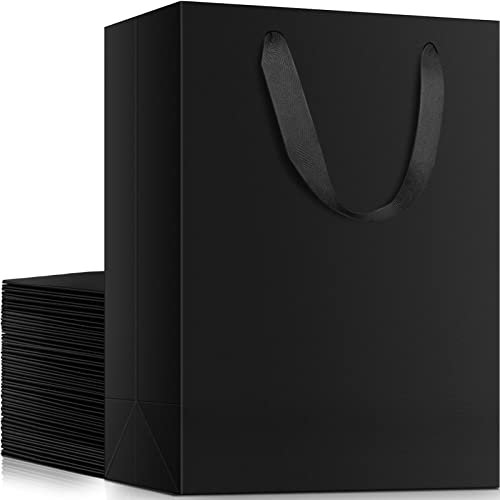 EUSOAR Shopping Bags for Boutique, 20pcs 7.8" x 3.9" x 11" Medium Sturdy Black Kraft Paper Gift Bags with Cloth Handle Bulk for Business, Craft Grocery, Party, Wedding