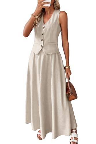 ELLEVEN Linen Sets for Women 2 Piece Skirt Outfits Summer Two Piece Vest Sets Going Out Maxi A-line Long Flowy Skirt Sleeveless Tank Top Casual Matching Dress Set Spring Vacation Apricot Large