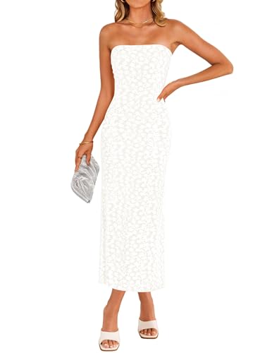 ZESICA Women's 2025 Summer Boho Floral Strapless Bodycon Dress Off Shoulder Tube Beach Party Long Midi Dresses,White,Small