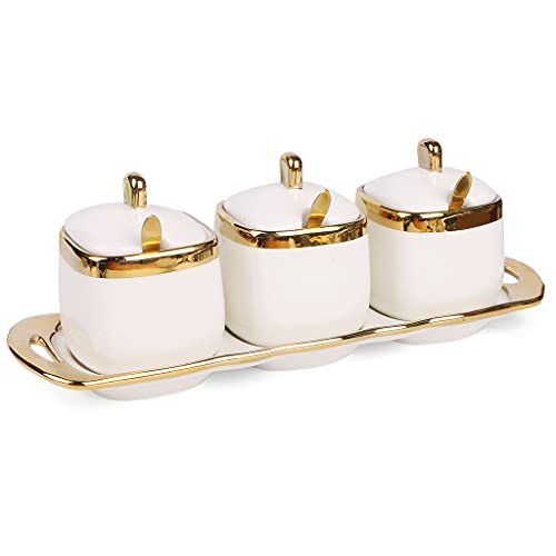Fvstar Sugar Bowl with Lid and Spoon, Ceramic Spice Container Jars with Tray, Salt and Sugar Containers Set, Gold Condiment Pots Seasoning Box Set for Kitchen Coffee Bar, White