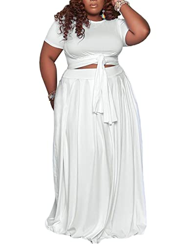 Womens Plus Size Two Piece Dress Outfits Sexy Short Sleeve Tie Up Wrap Empire Crop Top Beach Skirts Set-White