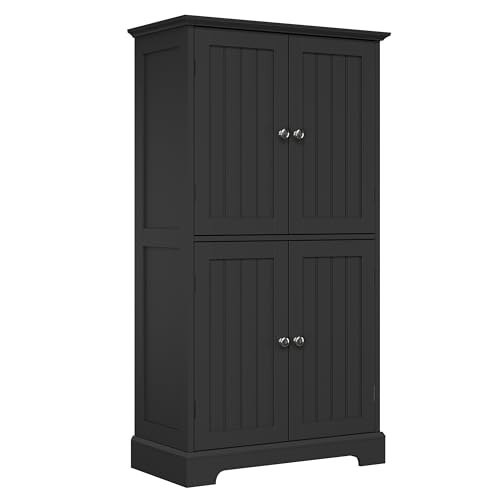 ChooChoo Bathroom Floor Cabinet, Modern Bathroom Storage Cabinet with 4 Doors and Adjustable Shelves, Freestanding Cupboard for Bathroom, Living Room, Black