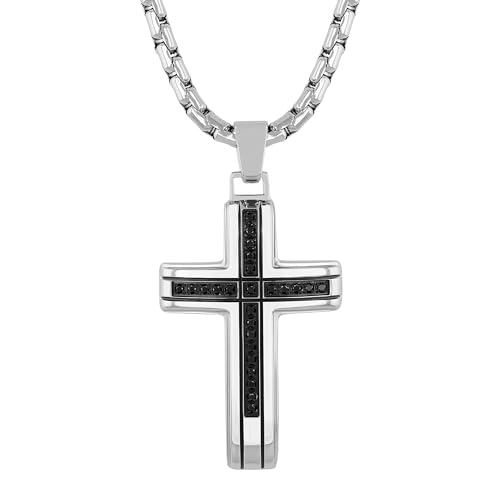 Black Diamond Cross in Black and Stainless Steel Pendant for Men on 24" Rolo Chain