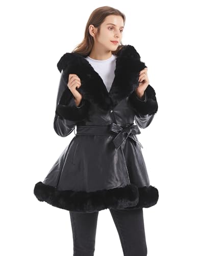 GRAN ORIENTE Faux Leather Jacket for Women with Faux Fur Collar Long Sleeve Furry Parka Outerwear with Hood Warm Lined Winter Coat with Belt (GK024 Black S)