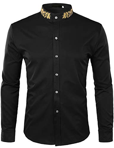 ZEROYAA Mens Hipster Gold Embroidery Mandarin Collar Slim Fit Long Sleeve Casual Dress Shirts Z52 Black X-Large
