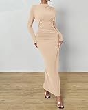 BTFBM Women Bodycon Maxi Dress Long Sleeve Back Slit Ruched Elegant Party Cocktail Formal Fall Wedding Guest Dresses(Solid Beige, Small)