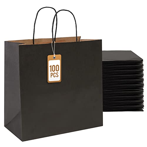 PAICUIKE 100Pcs Black Kraft Bags with Handles, 11x6x11 Inch Square Gift Bags for Retail, Shopping, Party Favors, Father’s Day, Events & Small Business | Sturdy & Versatile