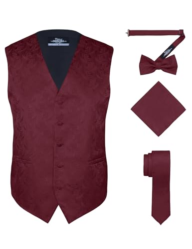 S.H. Churchill & Co. Men's 4 Piece Paisley Vest Set, with Bow Tie, Neck Tie & Pocket Hanky - L, Burgundy