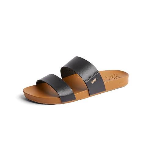 REEF Cushion Vista Women's Fashion Slide Sandal, Vegan Leather Strap, Ultra Soft Cushion Footbed, Black/Natural, 9