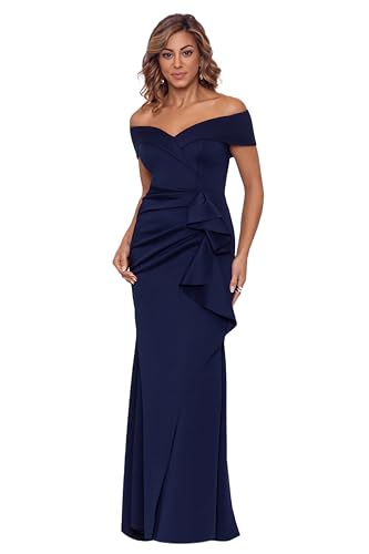 Xscape Women's Long Off Shoulder Sweetheart Neck Side Ruffle Gown (Reg and Petite), Midnight, 6