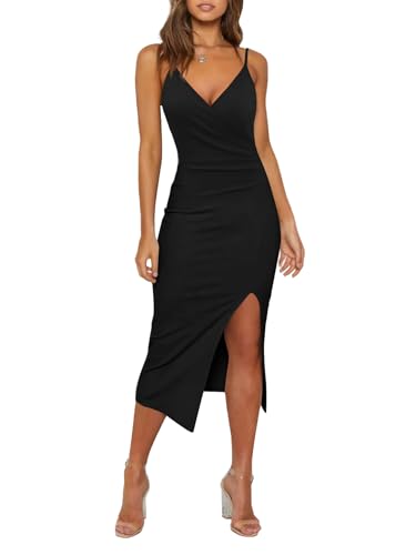 WAYMAKER Cocktail Dresses for Women Sexy V Neck Spaghetti Strap Wrap Ruched Side Slit Bodycon Party Wedding Guest Formal Dress, Black, Small