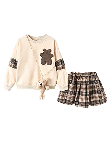 OYOANGLE Girl's 3 Piece Outfits Cartoon Print Long Sleeve Pullover Sweatshirt Top and Plaid Skirts and Bag Sets Multicolor 150