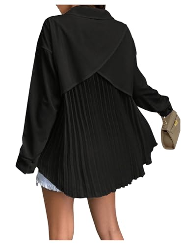 MakeMeChic Women's Pleated Wrap Long Sleeve Collar Button Down Shirts Casual Blouse Tops Black Large