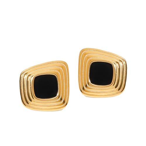 Chunky Gold Earrings for Women Trendy Black Square Stud Earrings,Bold Geometric Hypoallergenic Earrings, Lightweight Statement Fashion Jewelry Gift for Her