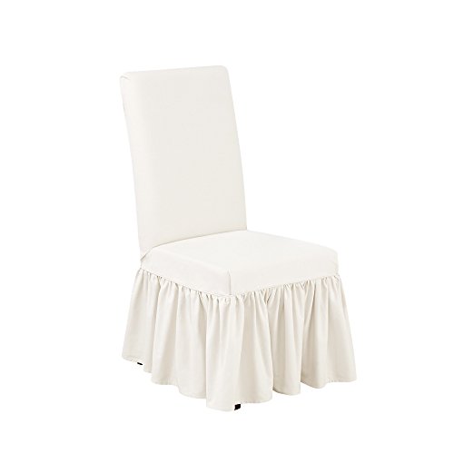 SureFit Essential Twill Ruffled Long Dining Chair Slipcover, Dining Chair Cover with Cotton Solid Design, Long Ruffled Skirt and Corner Pleats, Machine Washable, White